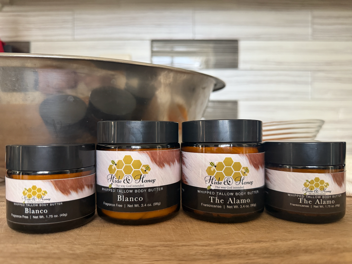 Hide & Honey Blanco and The Alamo whipped tallow and honey body butter, four jars in small and large sizes