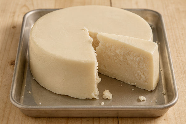 A round cake of set white beef tallow with a wedge cut out on a steel tray