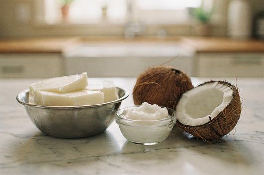A stainless steel bowl of creamy white beef tallow beside a glass dish of solid coconut oil and a split coconut on a pale marble counter