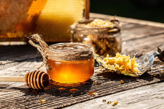 raw honey for skin in a glass jar with natural Texas wildflower honey