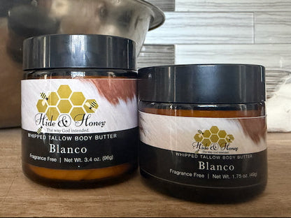 Hide & Honey Blanco fragrance-free whipped tallow and honey body butter, large and small jars