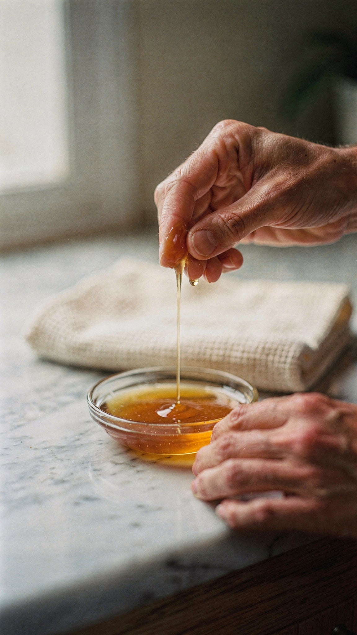 Raw honey for skin stretching in a thick thread from a small dish to two fingertips.