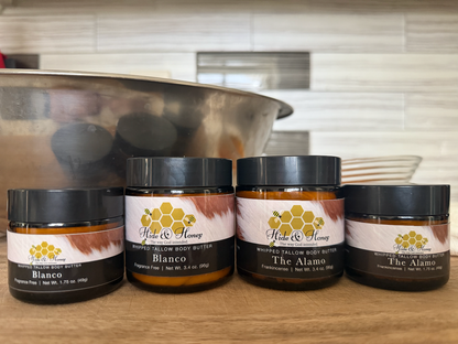 Hide & Honey Blanco and The Alamo whipped tallow and honey body butter, four jars in small and large sizes