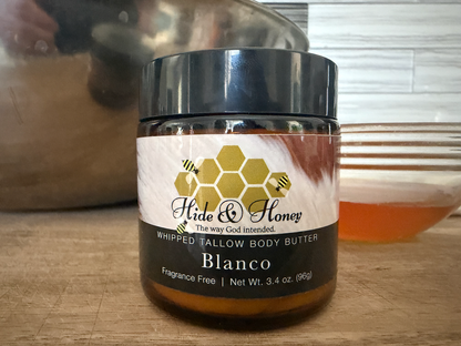 Hide & Honey Blanco fragrance-free whipped tallow and honey body butter, large 3.4 oz amber jar