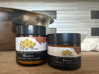 Hide & Honey Blanco fragrance-free whipped tallow and honey body butter, large 3.4 oz and small 1.75 oz amber jars