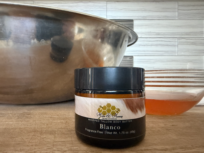 Hide & Honey Blanco fragrance-free whipped tallow and honey body butter, small 1.75 oz amber jar