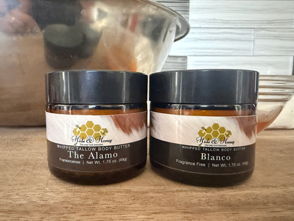 Hide & Honey The Alamo and Blanco whipped tallow and honey body butter, small 1.75 oz jars side by side