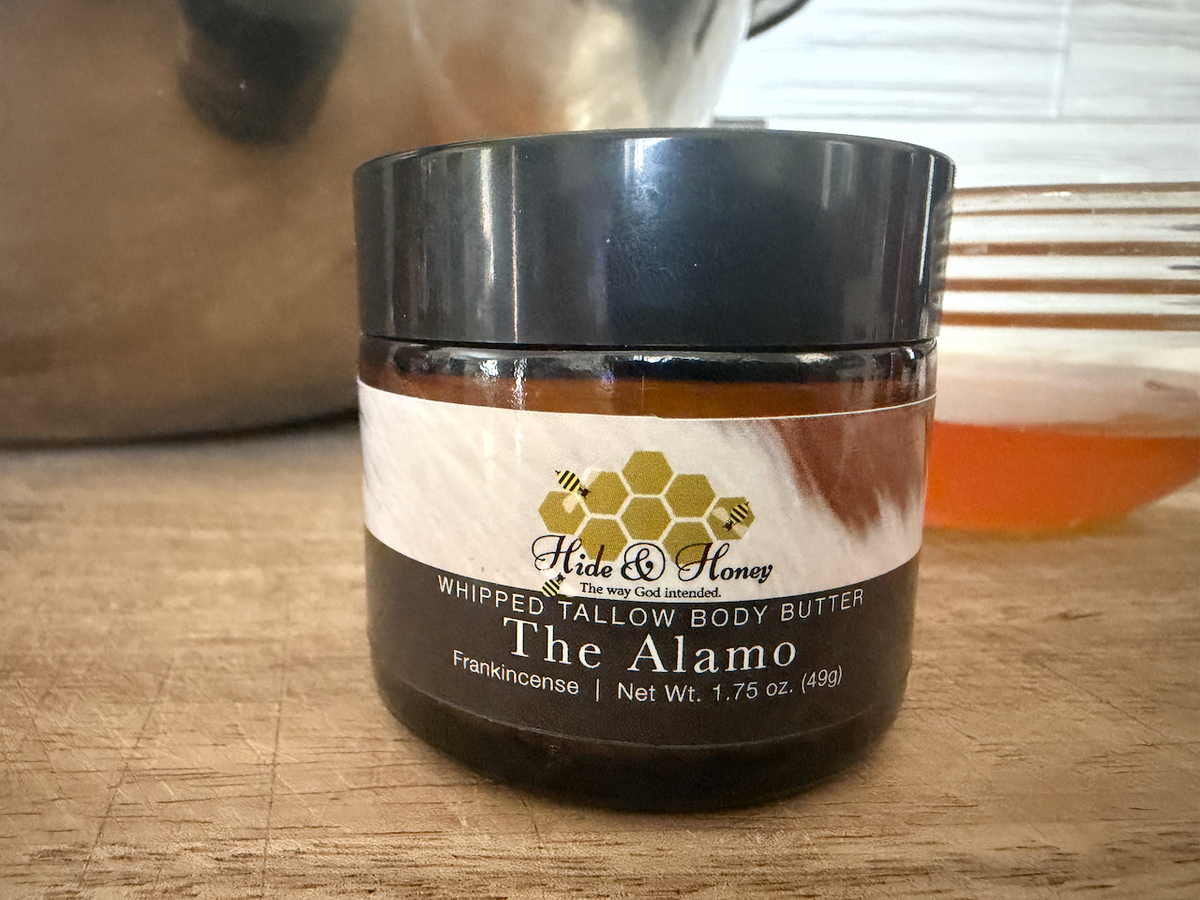 Hide & Honey The Alamo whipped tallow and honey body butter with frankincense, small 1.75 oz amber jar