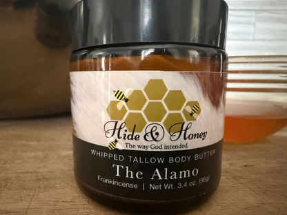 Close-up of Hide & Honey The Alamo whipped tallow and honey body butter with frankincense, large 3.4 oz jar