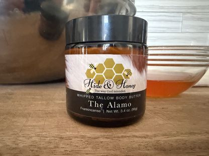 Hide & Honey The Alamo whipped tallow and honey body butter with frankincense, large 3.4 oz amber jar