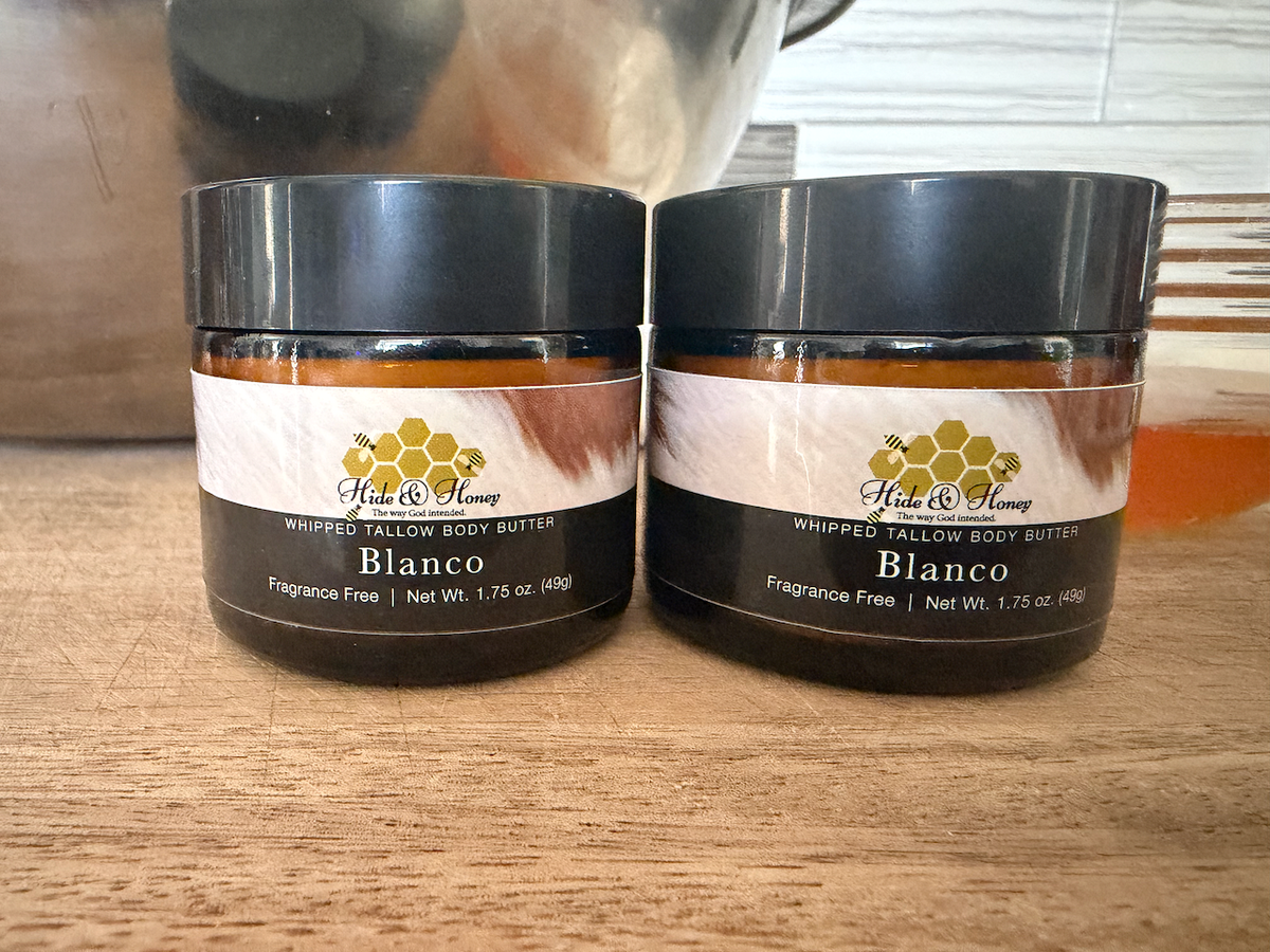 Two small 1.75 oz jars of Hide & Honey Blanco fragrance-free whipped tallow and honey body butter