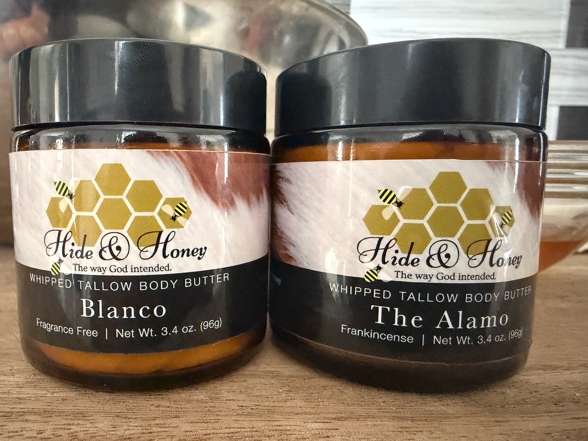 Hide & Honey Blanco and The Alamo whipped tallow and honey body butter, large 3.4 oz jars side by side