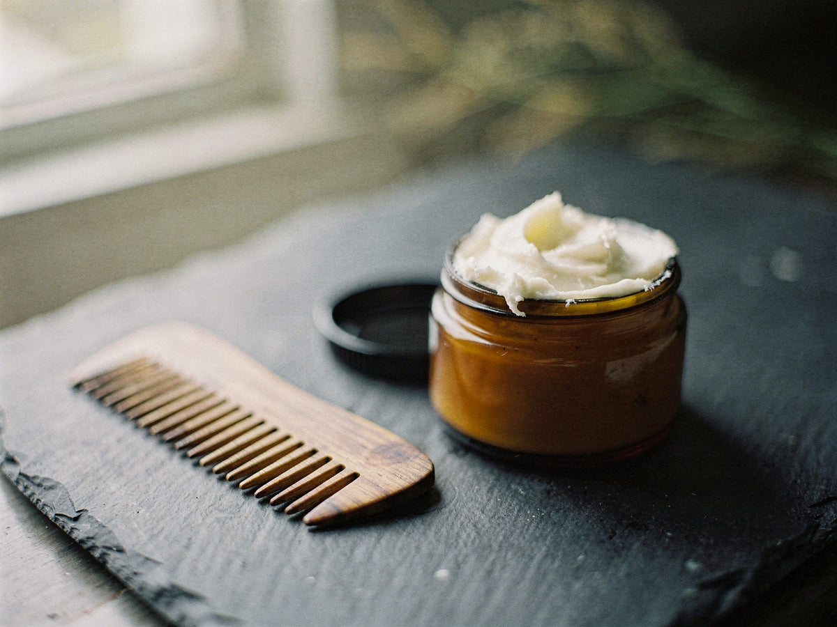 A wooden beard comb beside an open jar of tallow balm for skin under a beard.