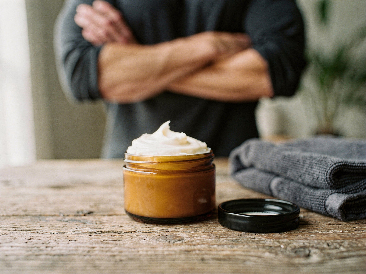 Whipped tallow body butter worked into a man's elbow behind the open amber jar.