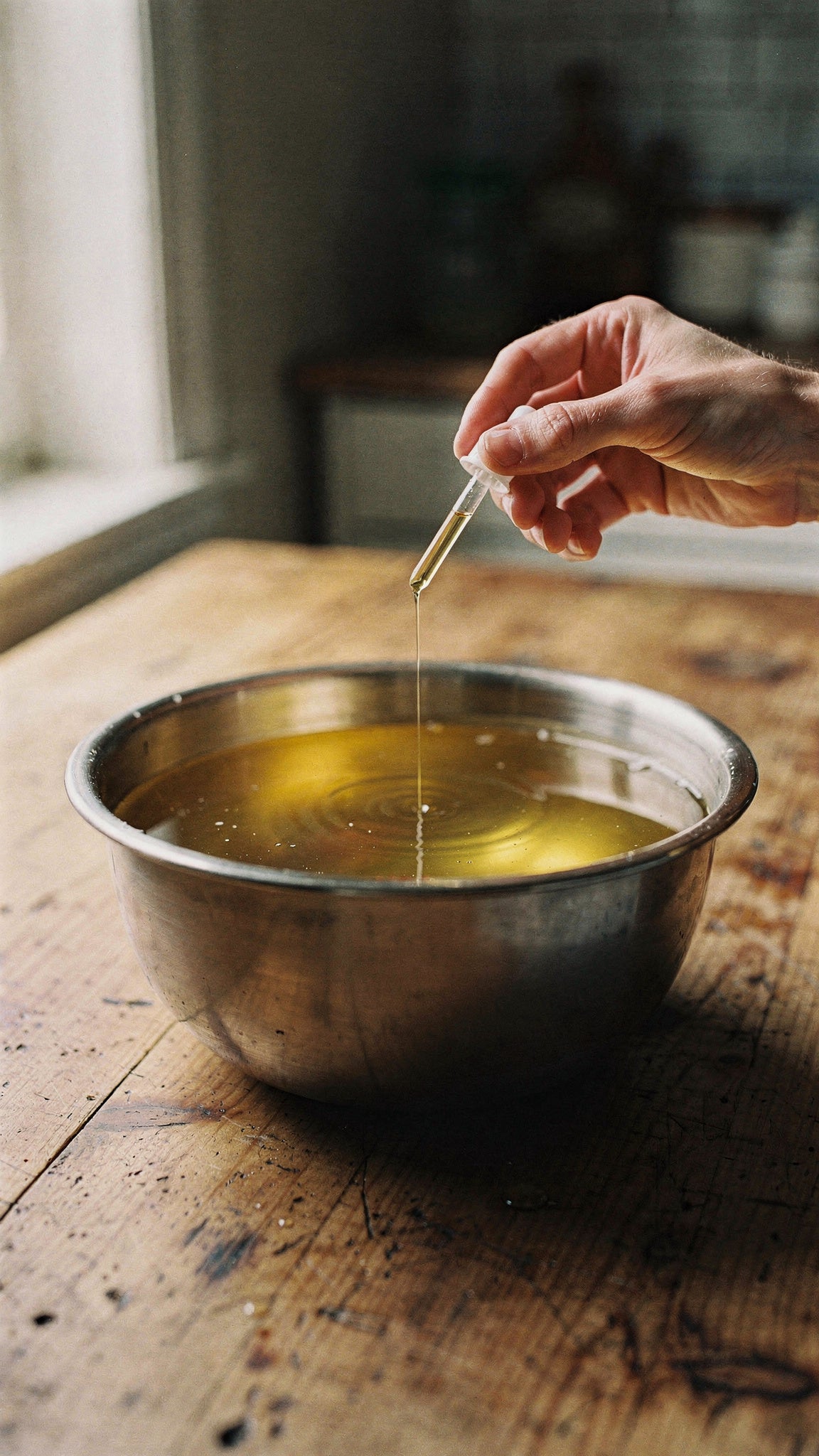 Vitamin E oil poured into melted grass-fed beef tallow, the base of our body butter.